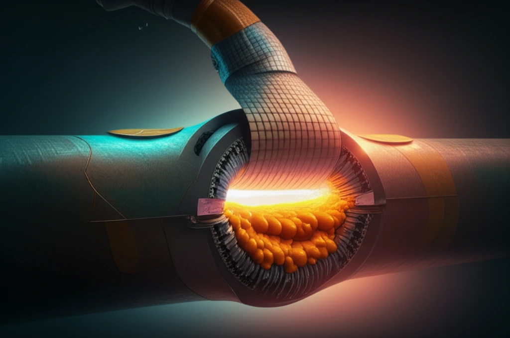 Illustration of a pipeline repair process with epoxy grout and a composite wrap, highlighting the technology's strength and innovation.