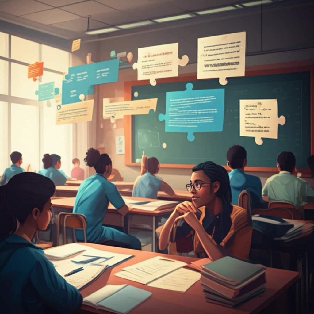 Illustration of students actively engaged in a grammar lesson, focused on learning and discovery.