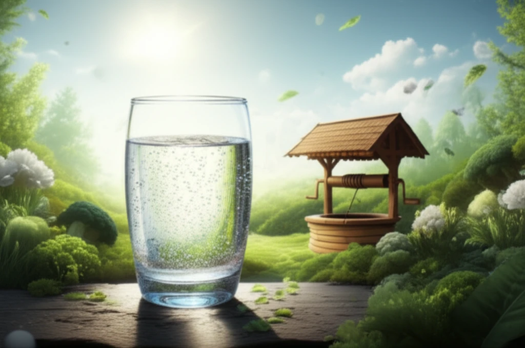 A digital illustration featuring a glass of clean water, a well, and a bright, sunny sky, representing safe well water.