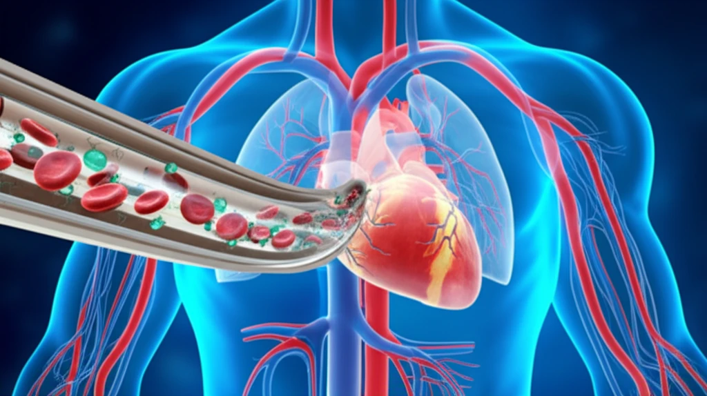 Illustration of a microfluidic device, vein-on-a-chip, with cells, highlighting its role in cardiovascular research and drug discovery.