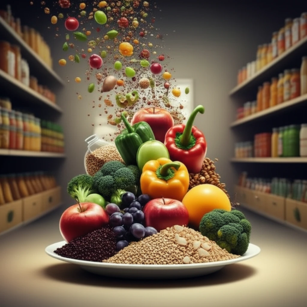 Illustration of a plate of healthy food transforming into a food bank