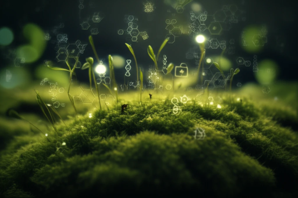 Illustration of a moss plant producing medicine, symbolizing biotechnology and scientific innovation.