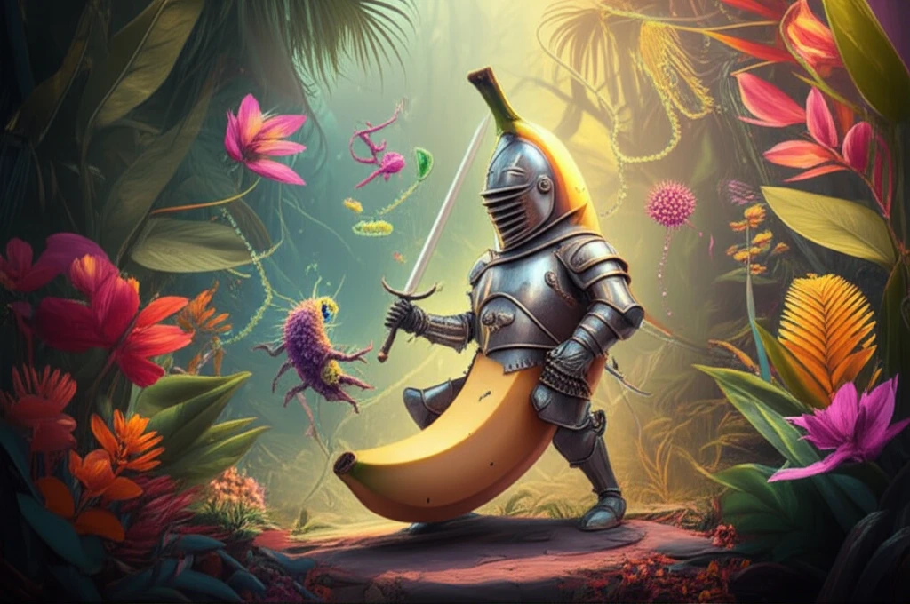 Digital illustration of a GM banana fighting disease.