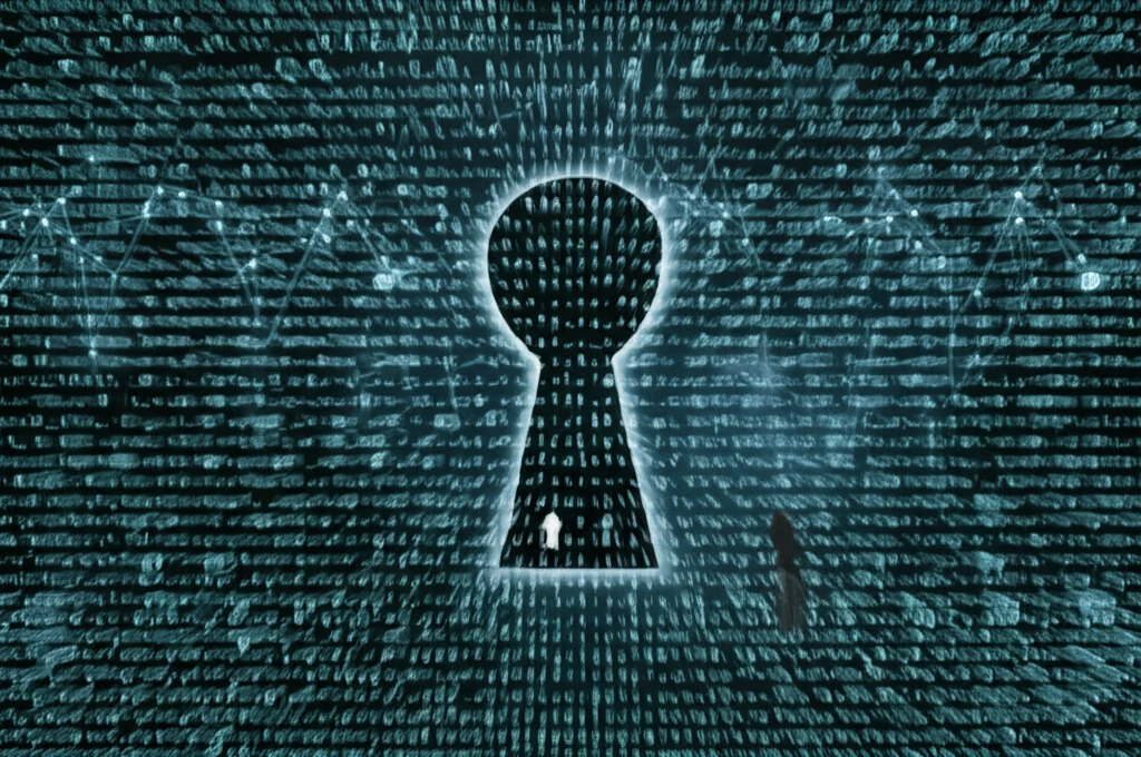 Illustration of a digital maze representing the complexities of internet law, with a person navigating through it.