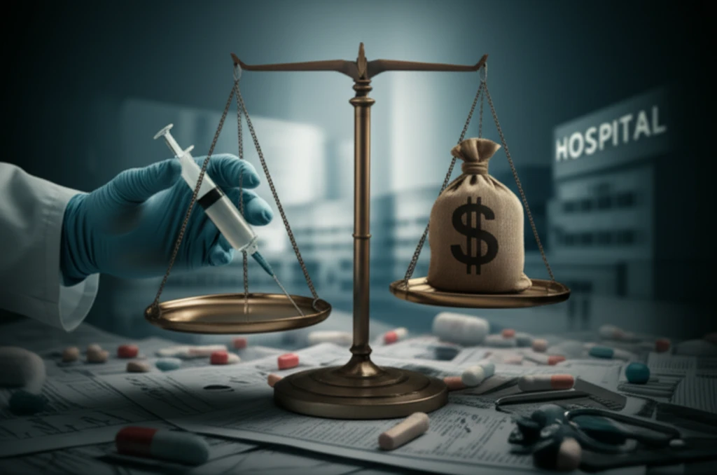 Illustration of a scale, one side medical syringe, other side money bag.