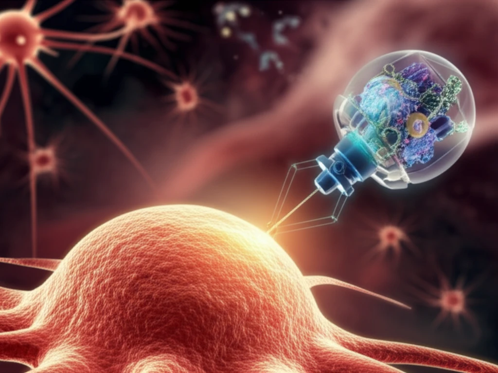 Illustration depicting theranostics in action, with a cancer cell being targeted by a combined diagnostic and therapeutic agent.