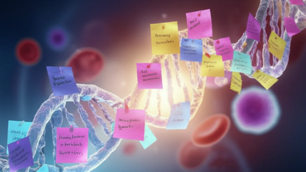 Digital illustration depicting DNA with hypermethylation and microscopic blood cells, symbolizing hope in the fight against acute myeloid leukemia.