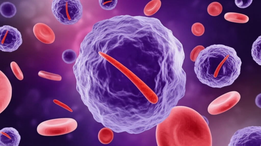 Microscopic image of blood cells with Auer rods, highlighting their needle-like shape and reddish-purple color.
