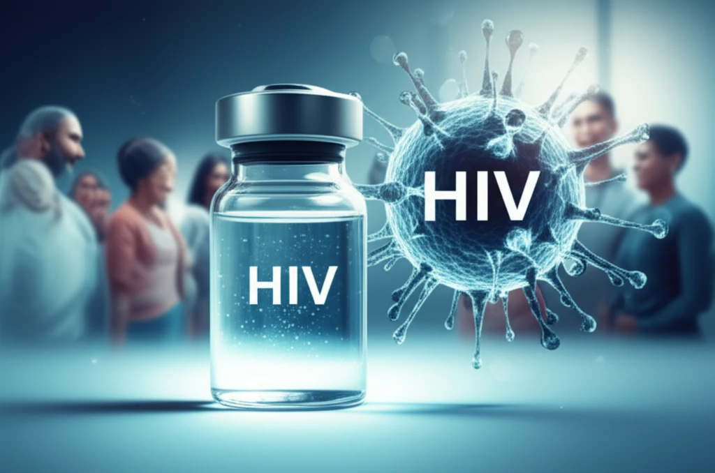 Illustration of an HIV vaccine vial with a stylized virus and people in the background.
