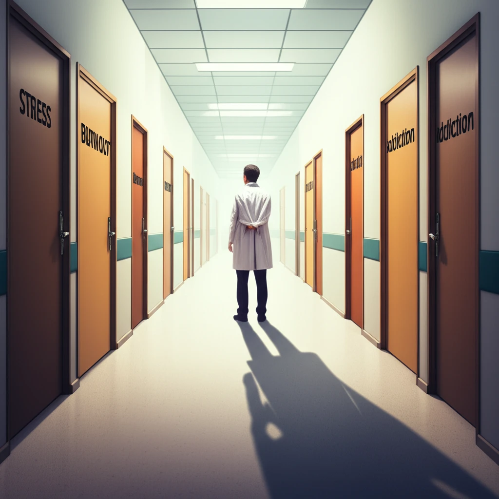 Illustration depicting the broad scope of physician health programs, symbolized by shadows extending towards various potential challenges faced by doctors.