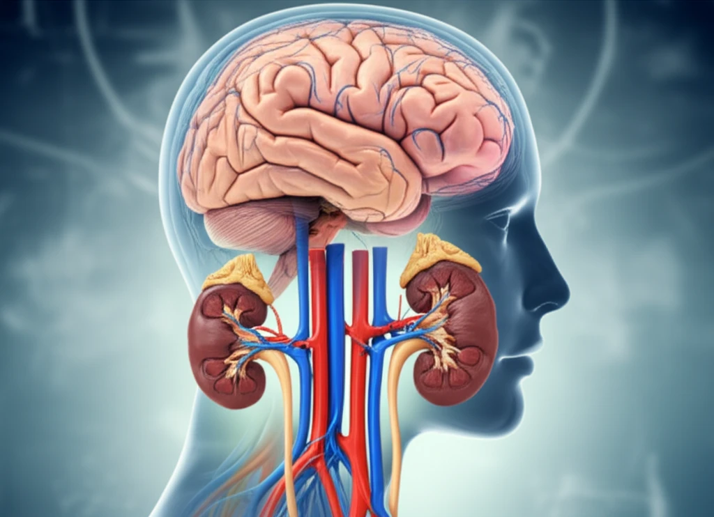 Illustration depicting the interconnectedness of brain and kidneys in the context of stroke, with streams of contrast dye.