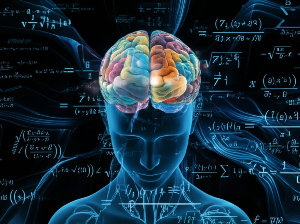 Illustration of a brain with math symbols and equations.