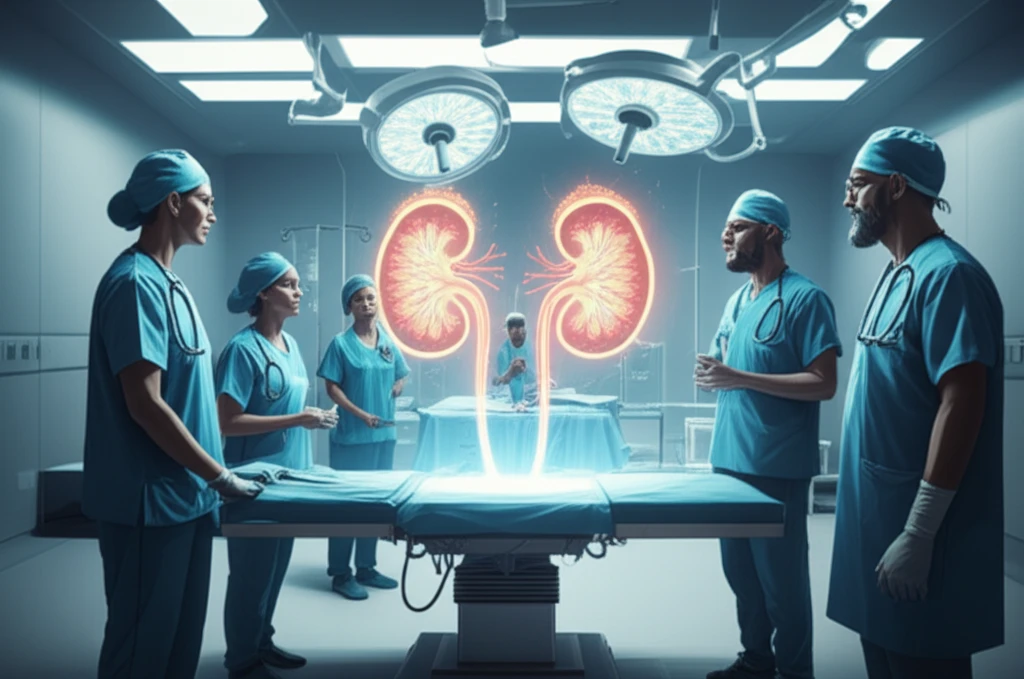Illustration of a diverse group of medical professionals collaborating around a surgical table with a glowing, futuristic representation of the human urinary system. The image conveys advanced medical care and collaboration.