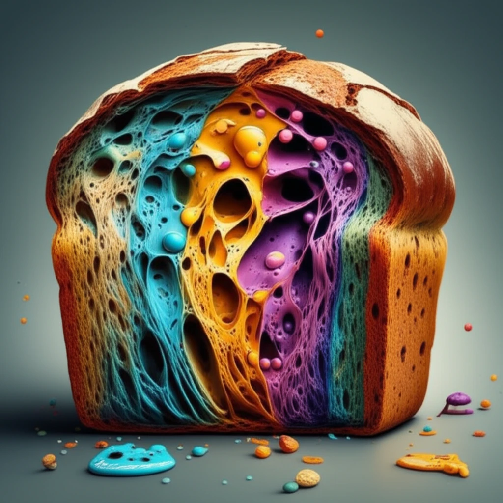 Digital illustration of a bread loaf, highlighting internal structures with different color, representing different staining methods.