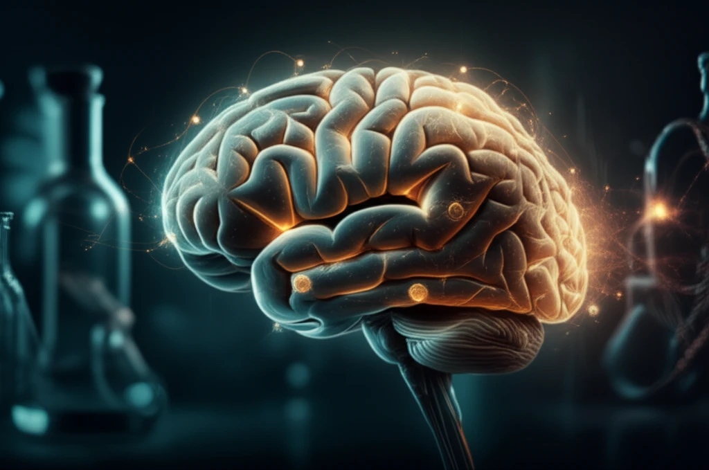 A surreal illustration symbolizing the study of impaired control over alcohol. The image features a brain with illuminated pathways and hints of a laboratory setting.