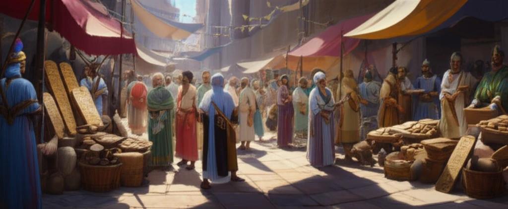 A digital illustration depicting a bustling marketplace in ancient Babylon, filled with diverse people, merchants, and cultural interactions.
