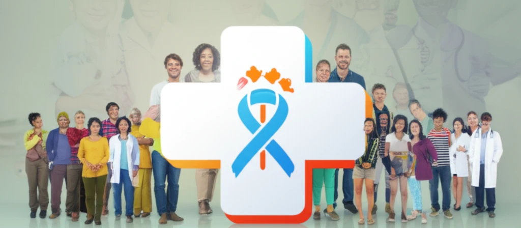 Illustration of diverse individuals representing newcomers to Canada, with healthcare workers, HPV vaccine symbol, promoting health and wellness.