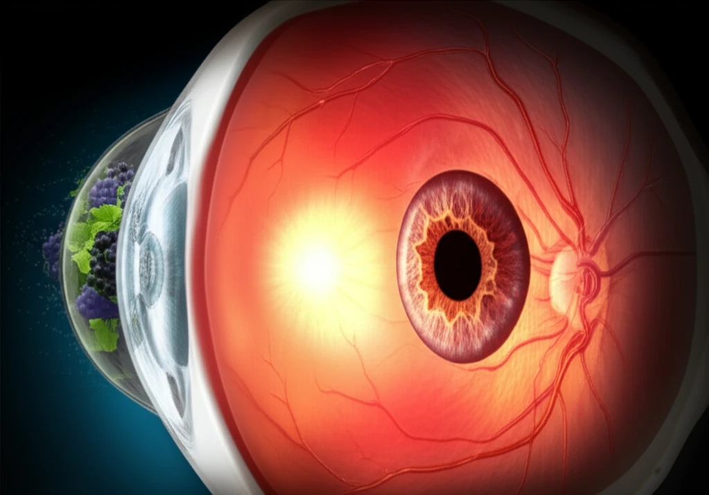 A digital illustration showing a healthy eye with the retinal cells surrounded by grape seed extract, as a shield to represent the protective properties of thioredoxin.