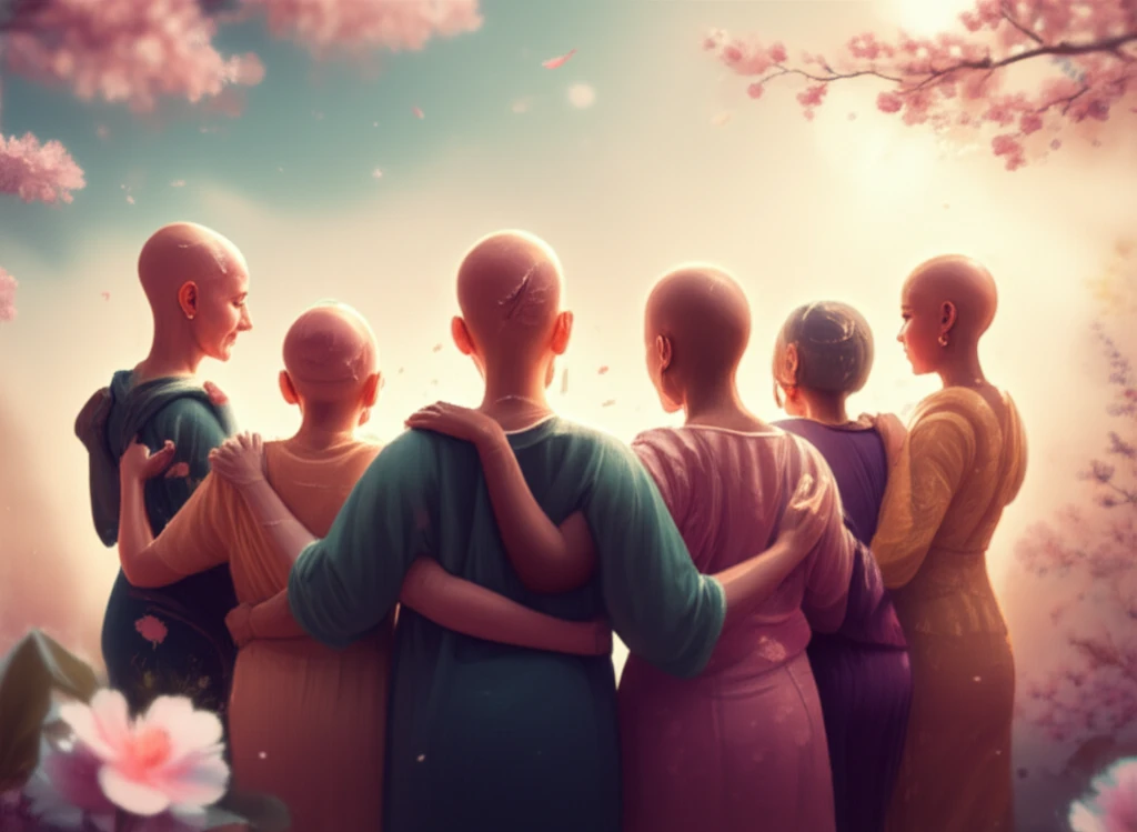 Illustration of a diverse group of cancer survivors embracing their appearance changes with hope and resilience.