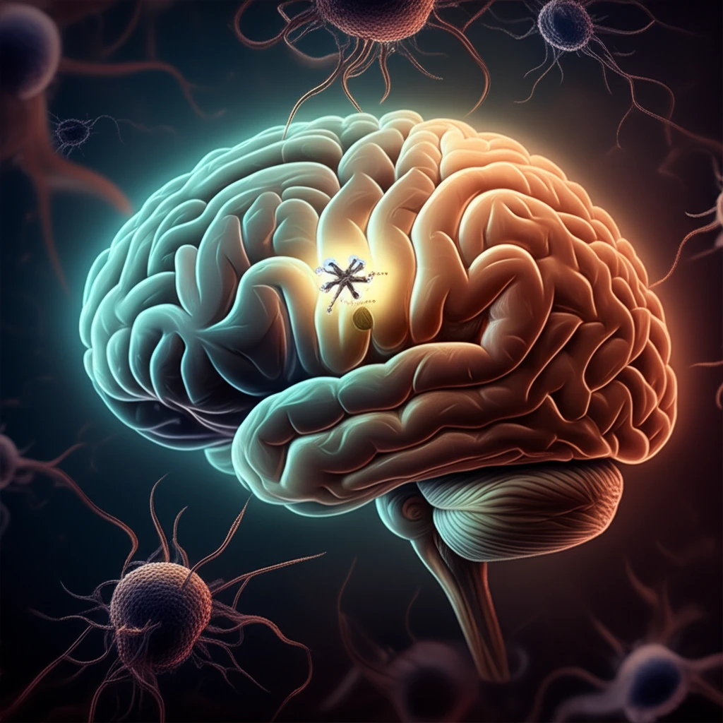A digital illustration shows a brain, with a highlighted a7 nAChR interacting with Aβ plaques.