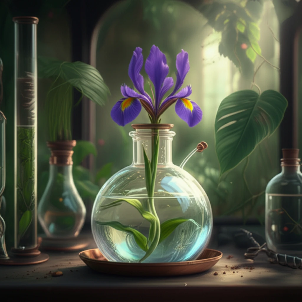 A digital illustration of an Iris sanguinea flower growing in a laboratory flask, representing in-vitro propagation for conservation.