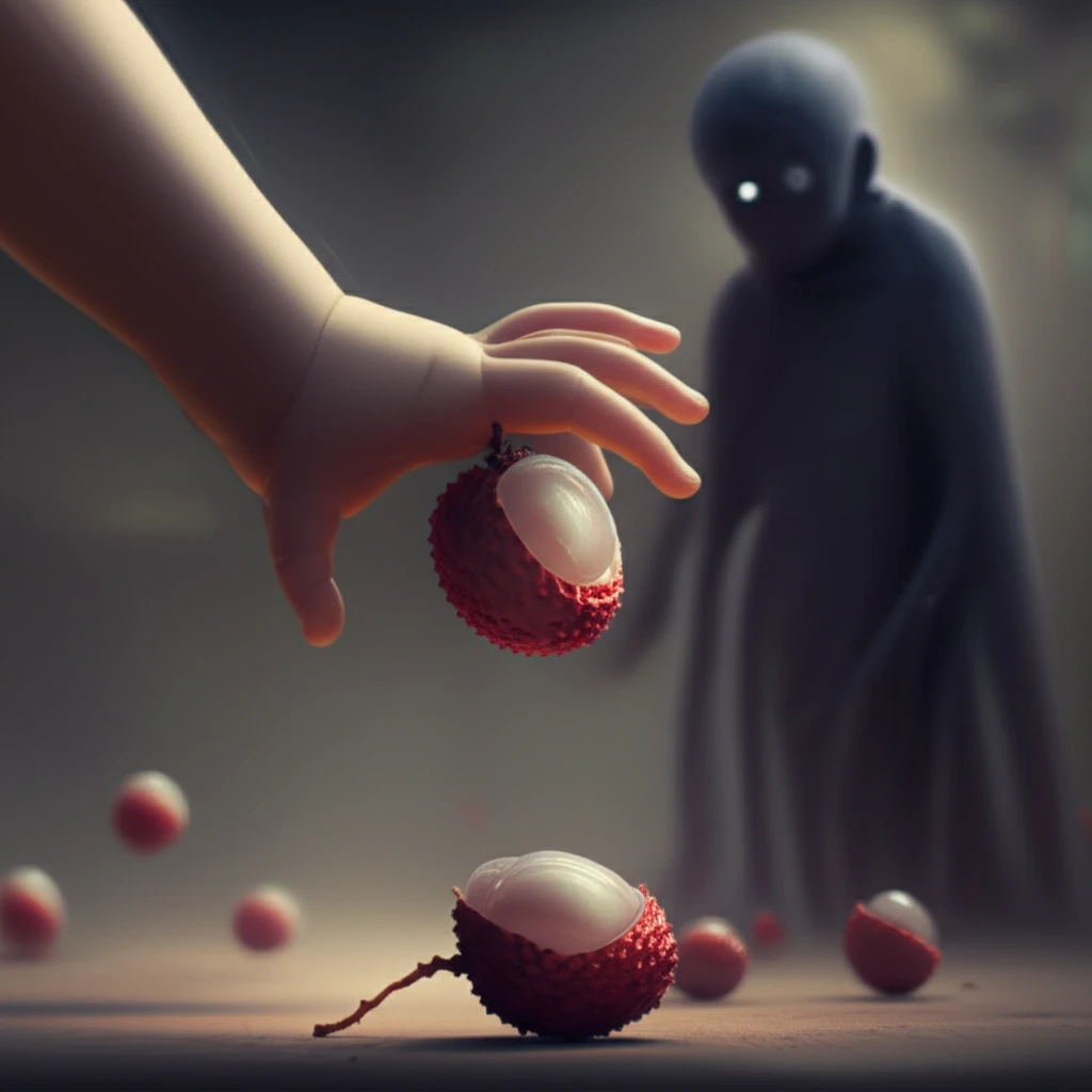 A surreal digital illustration depicting a child reaching for a litchi, symbolizing the health risks associated with the fruit.
