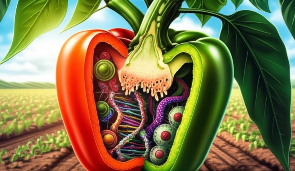 Illustration depicting male sterility in pepper plants, highlighting genetic structures and pollen differences.