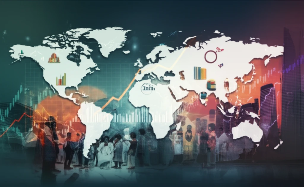 Illustration of people from South Asia collaborating around a world map, representing FDI and economic growth.