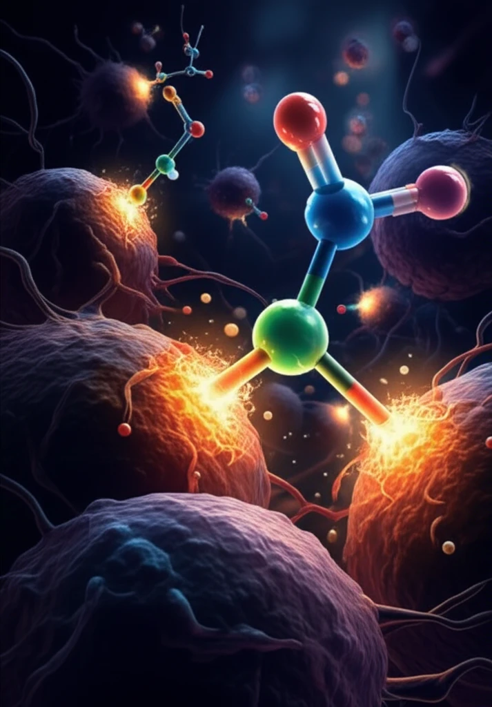 Illustration of a drug molecule attacking cancer cells