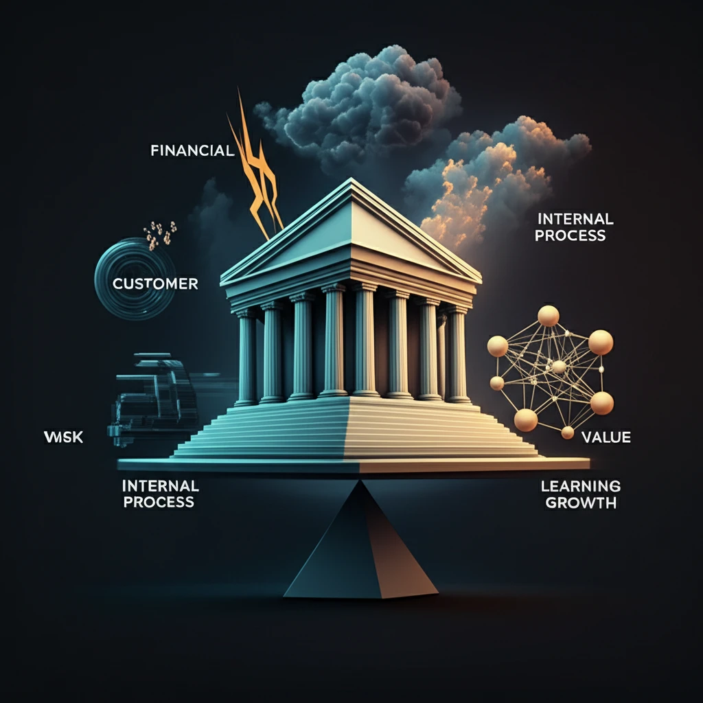 A visually appealing illustration of a Banking Risk Balanced Scorecard, emphasizing the four key perspectives of financial, customer, internal processes, and learning and growth.