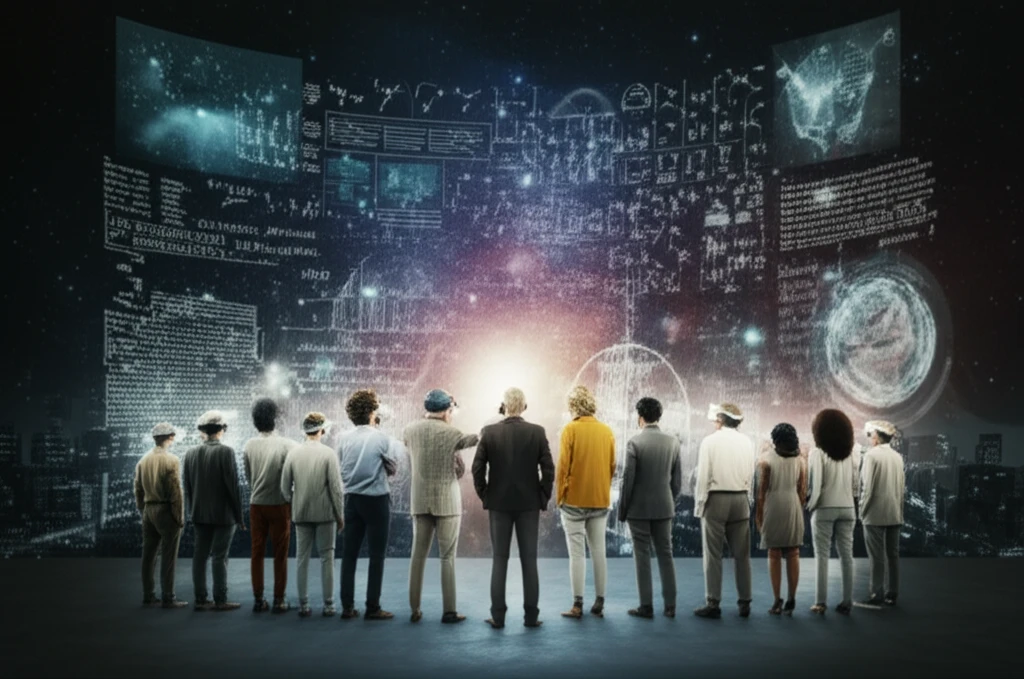 Diverse people engaging with science communication tools in a futuristic setting.