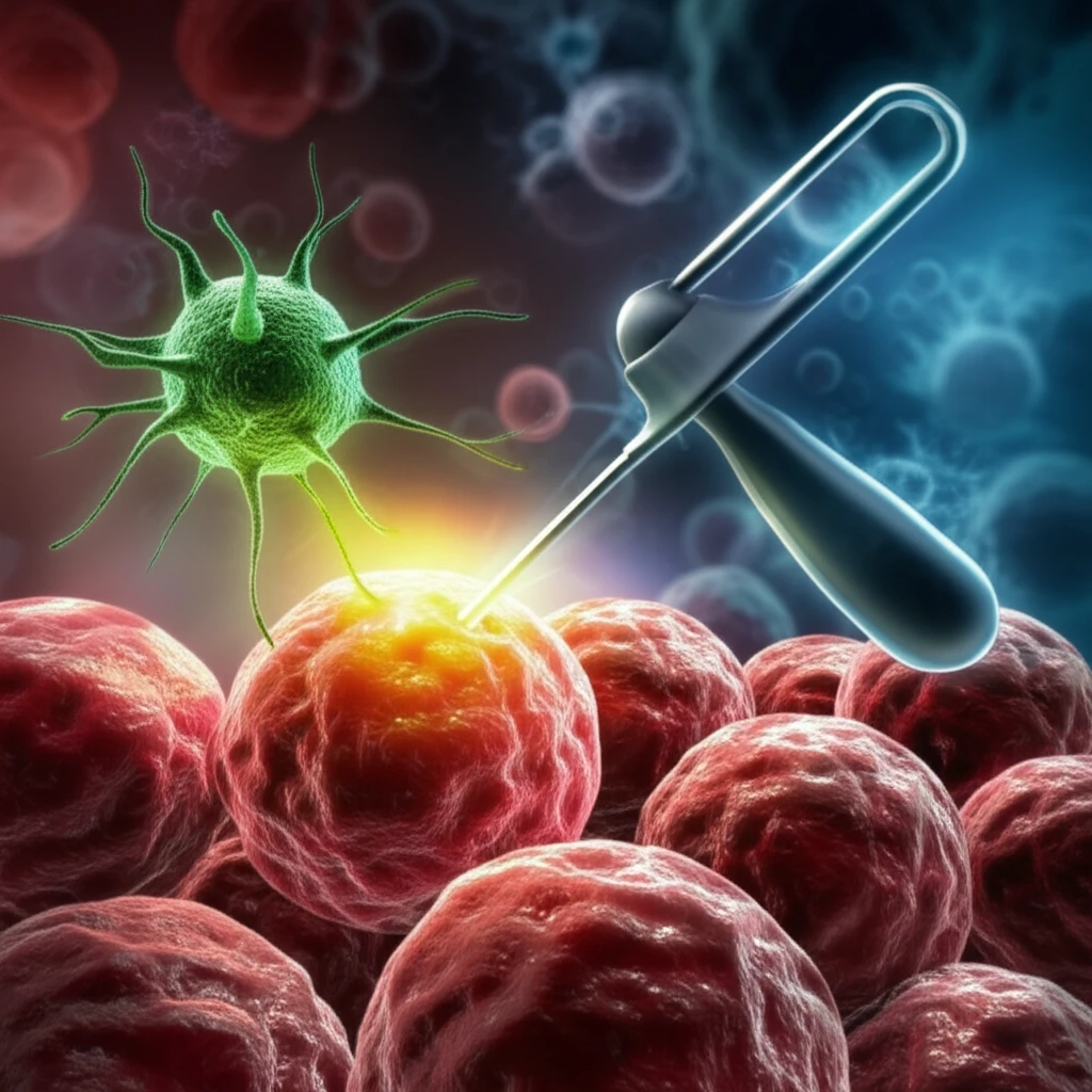 Illustration depicting cancer treatment with immune-targeting therapy.