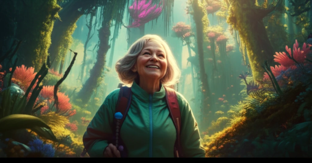 Digital illustration of an older woman smiling while hiking in a forest, symbolizing the joy of physical activity and well-being in older age.