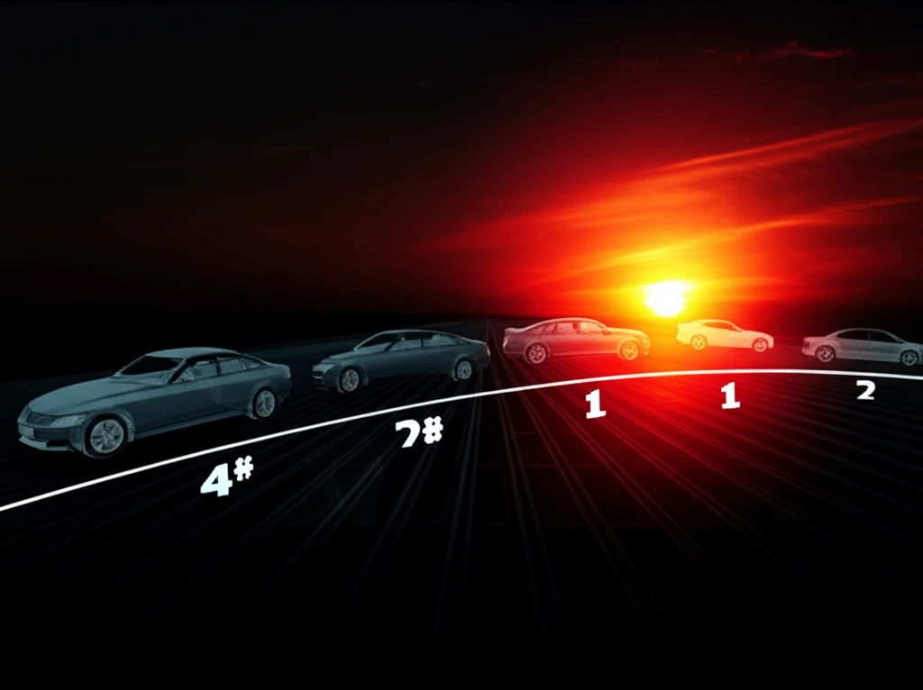 Illustration depicting a car with visible safety features on a road at sunrise
