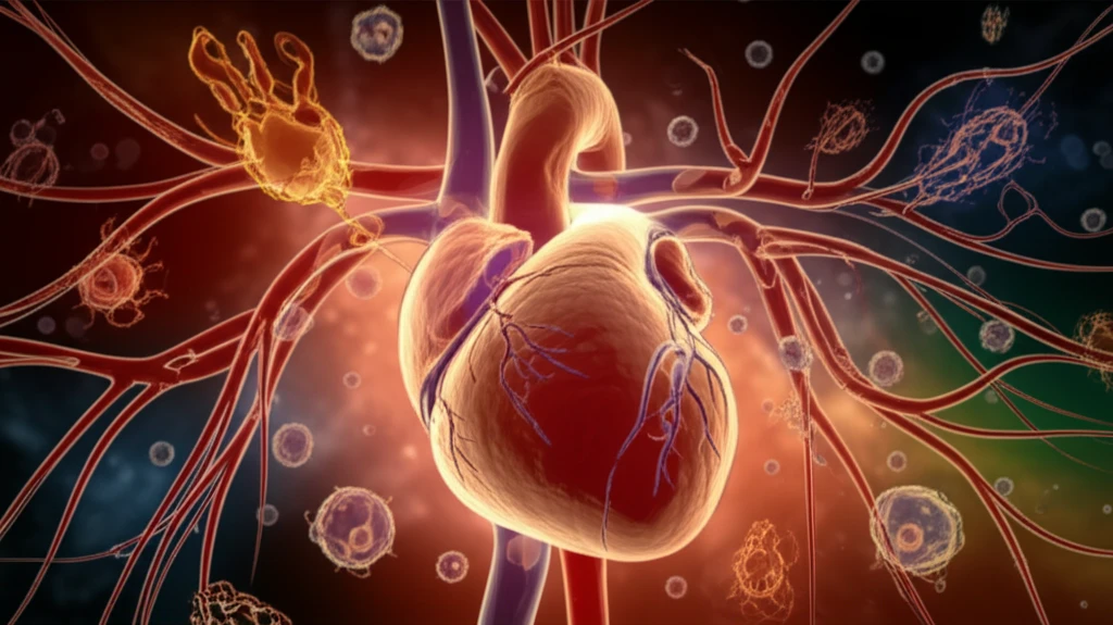 Illustration of a heart with blood vessels, and a visual representation of immune cells and TLR3 receptors.