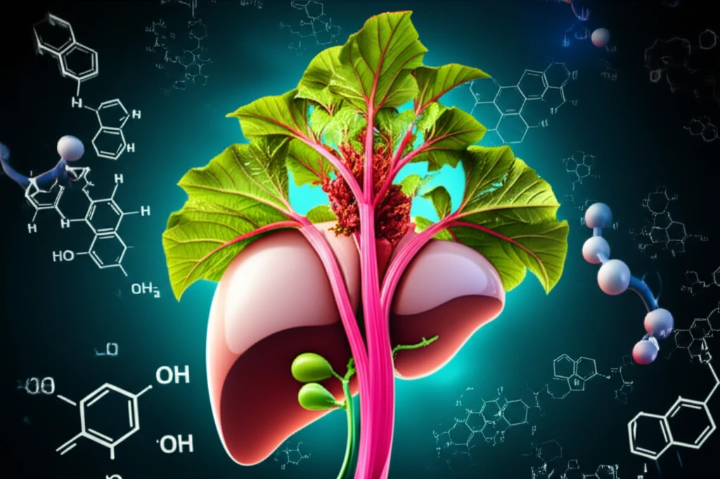 Illustration of Rheum palmatum plant growing from a stylized liver, representing liver cancer research.