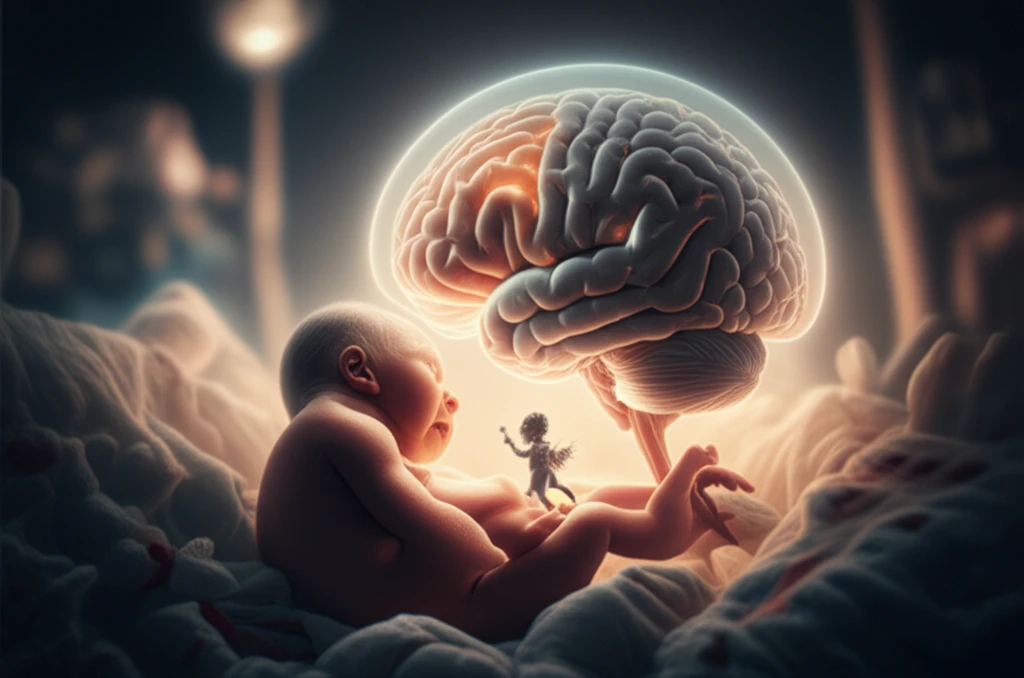 Digital illustration of a baby's brain protected by a glowing shield representing the IRF4 protein.