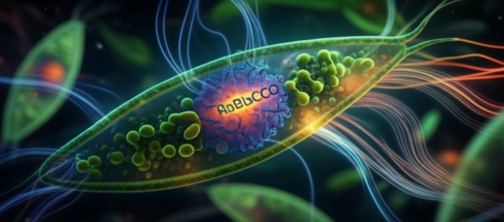 Surreal digital illustration of a microscopic view of Euglena longa with focus on its RuBisCO enzyme.
