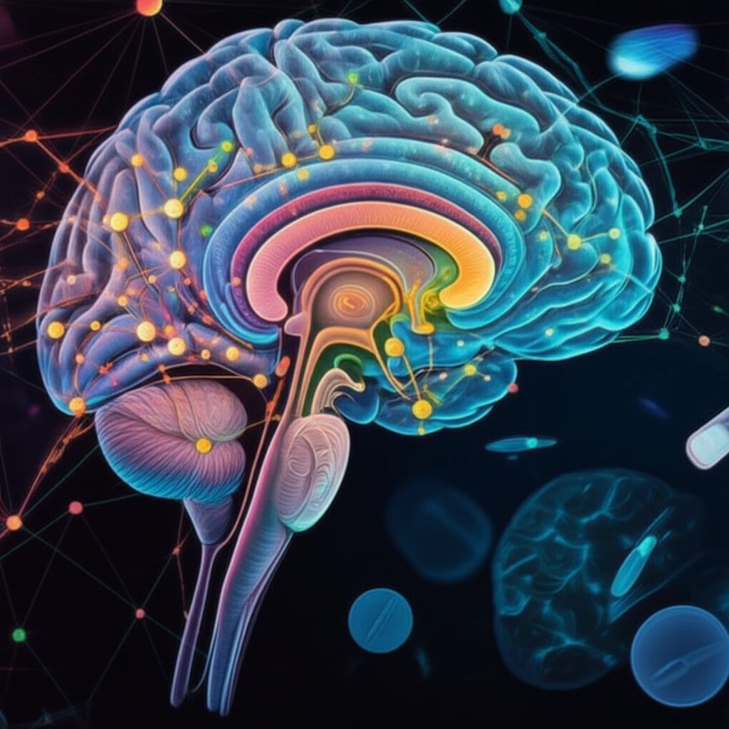 Illustration of brain networks affected by Parkinson's disease, highlighting the areas of the brain involved in motor control and the impact of medication.