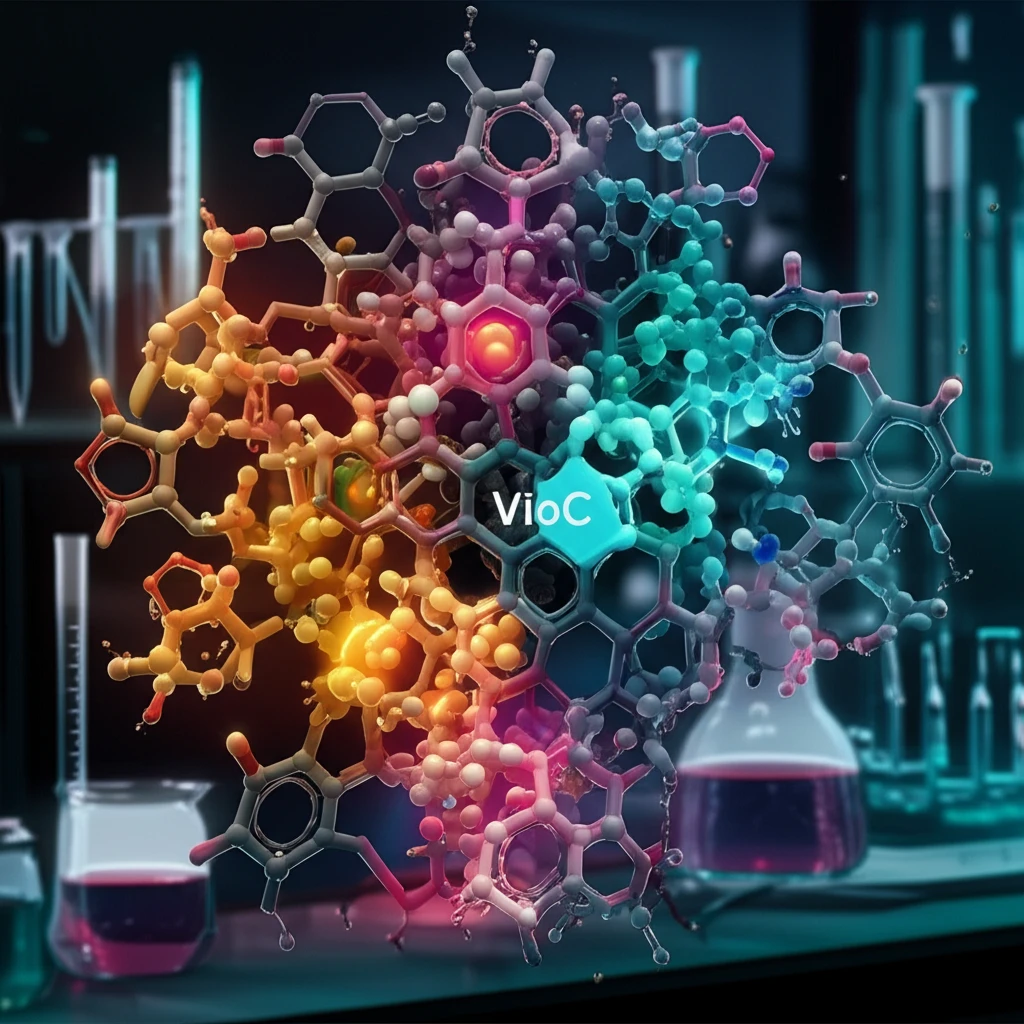 Illustration of an enzyme VioC interacting with a D-arginine molecule.