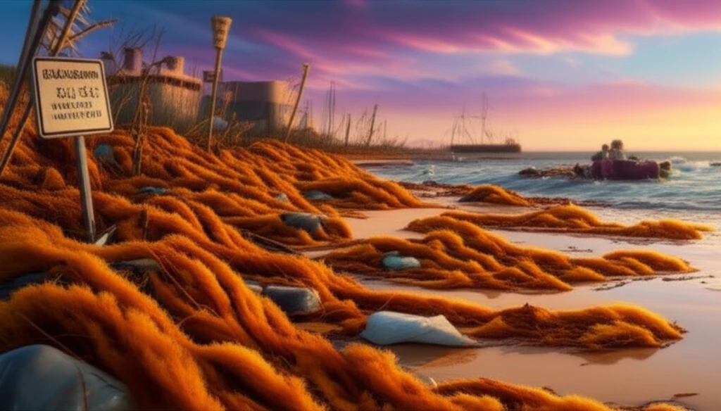 Illustration of Sargassum seaweed on a beach, highlighting environmental concerns.