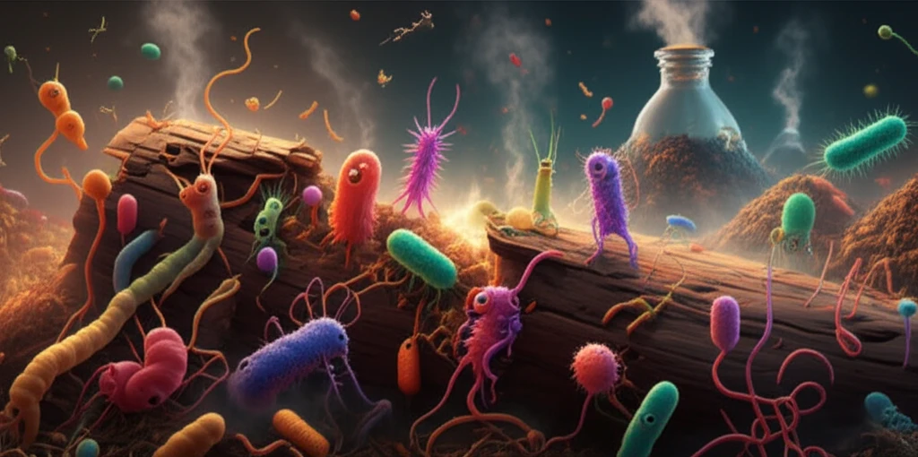 Illustration depicting thermophilic microbes breaking down lignin, symbolizing sustainable energy and a circular economy.
