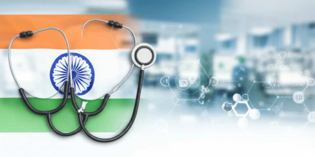 Illustration of a stethoscope intertwined with the Indian flag, symbolizing pharmacovigilance and drug safety in India.