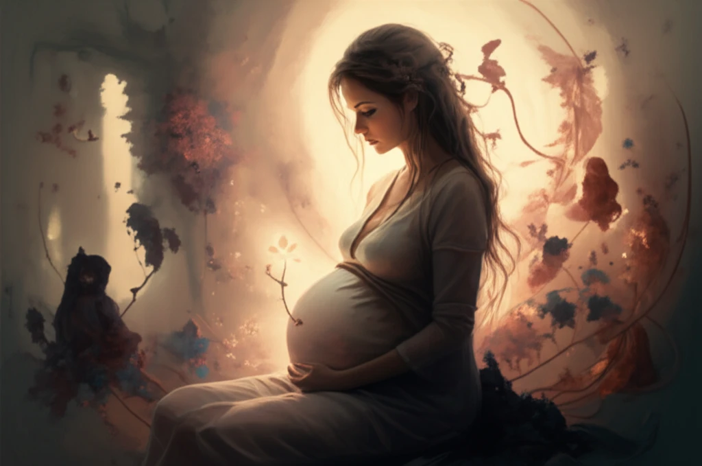 Illustration of a pregnant woman experiencing prenatal depression, with symbols of support and hope.