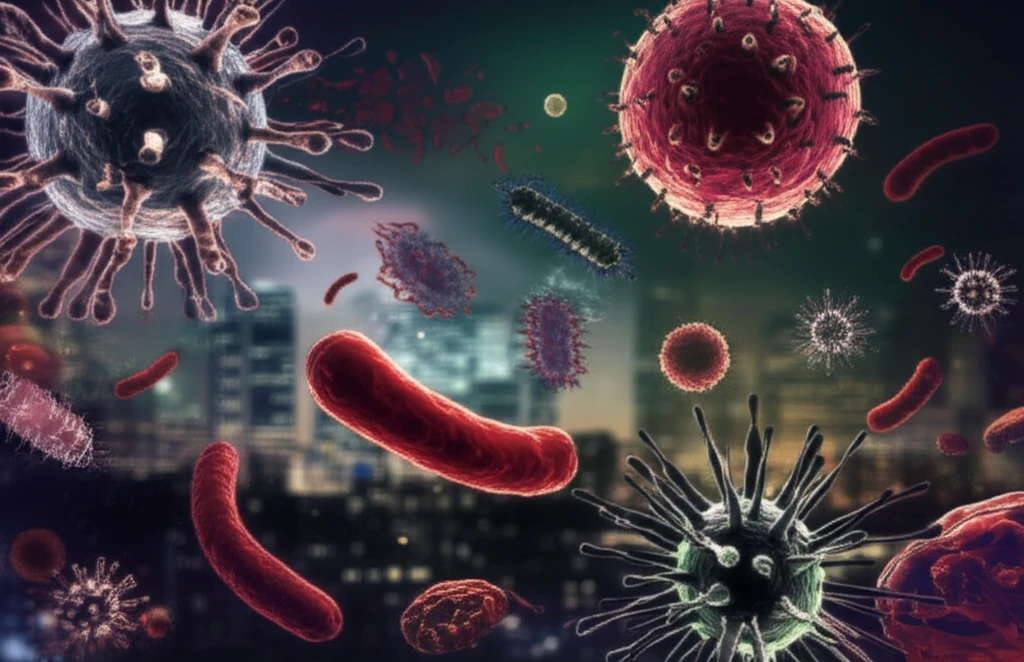 Illustration depicting bioterrorism, featuring biological agents and a city backdrop, symbolizing the hidden threat to public health.