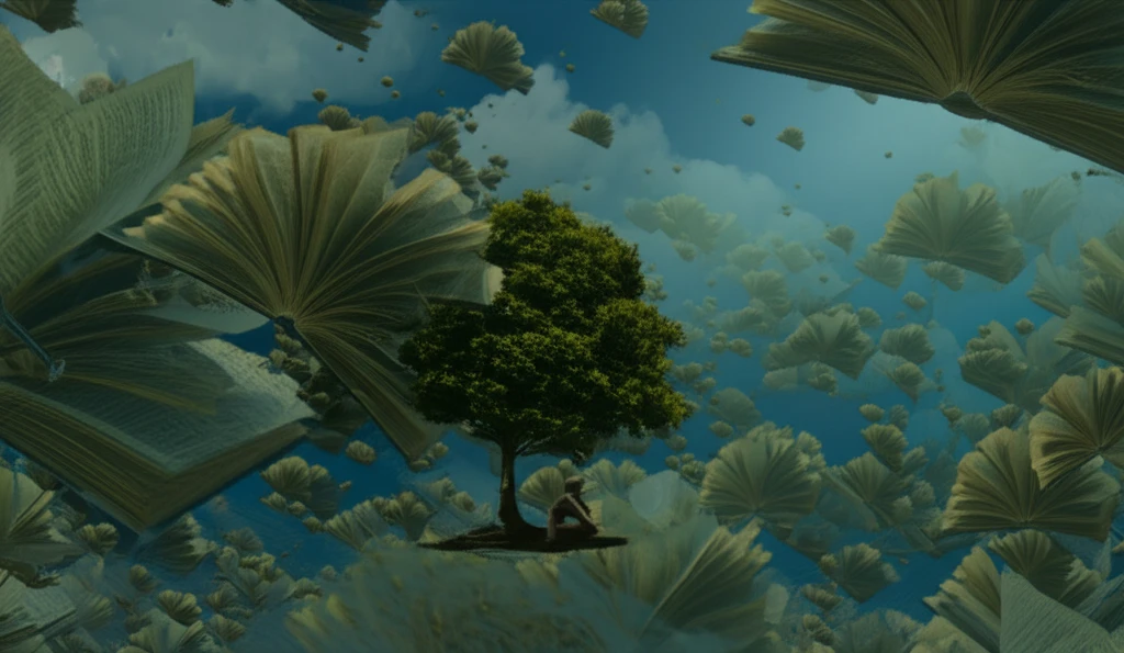 A surreal illustration depicting the connection between reading and writing.