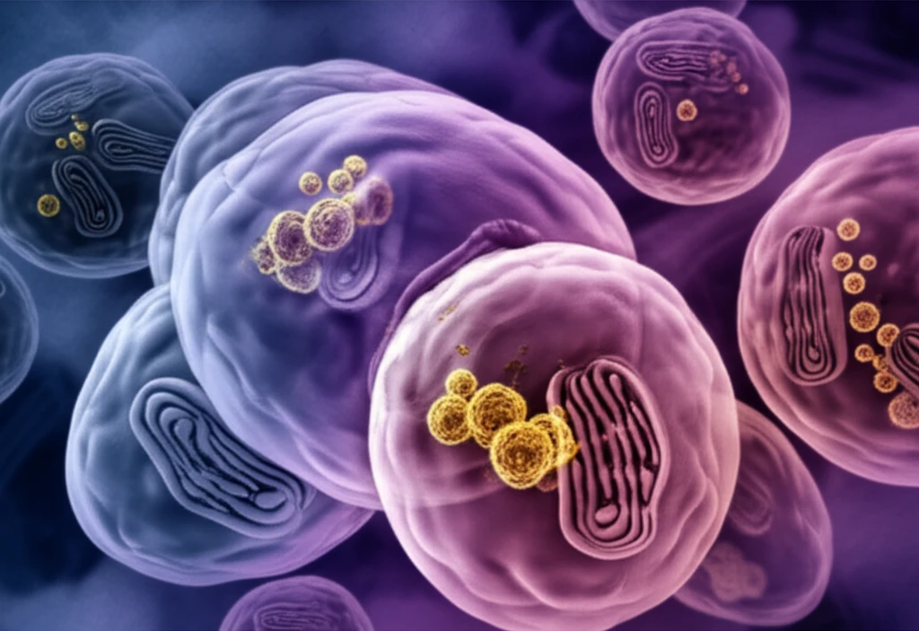 Microscopic view of the retina, focusing on the RPE, with mitochondria and lipofuscin granules, depicting the cellular changes in AMD.