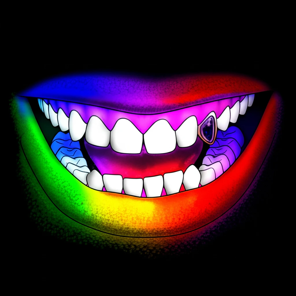 Surreal digital illustration of a mouth with various dental conditions.