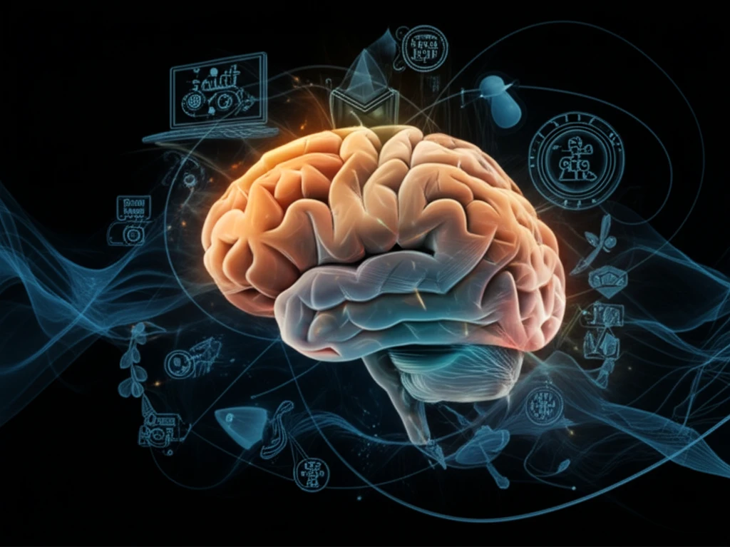 Surreal digital illustration representing Huntington's disease research, brain structure, and technological advancements