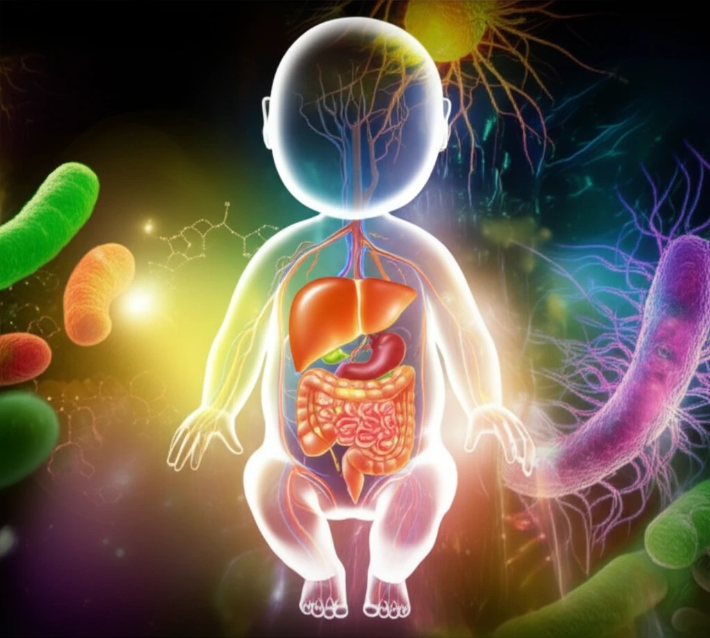 Illustration of a baby with a healthy gut microbiome and a thriving liver, symbolizing the gut-liver axis